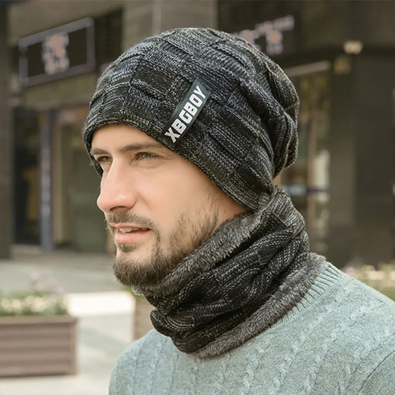 

Winter Fleece Scarf Hat Set Soft Men's Beanie Шапка Мужская Warm Hat Gorras Hombre Knit Letter Double Layer Cap