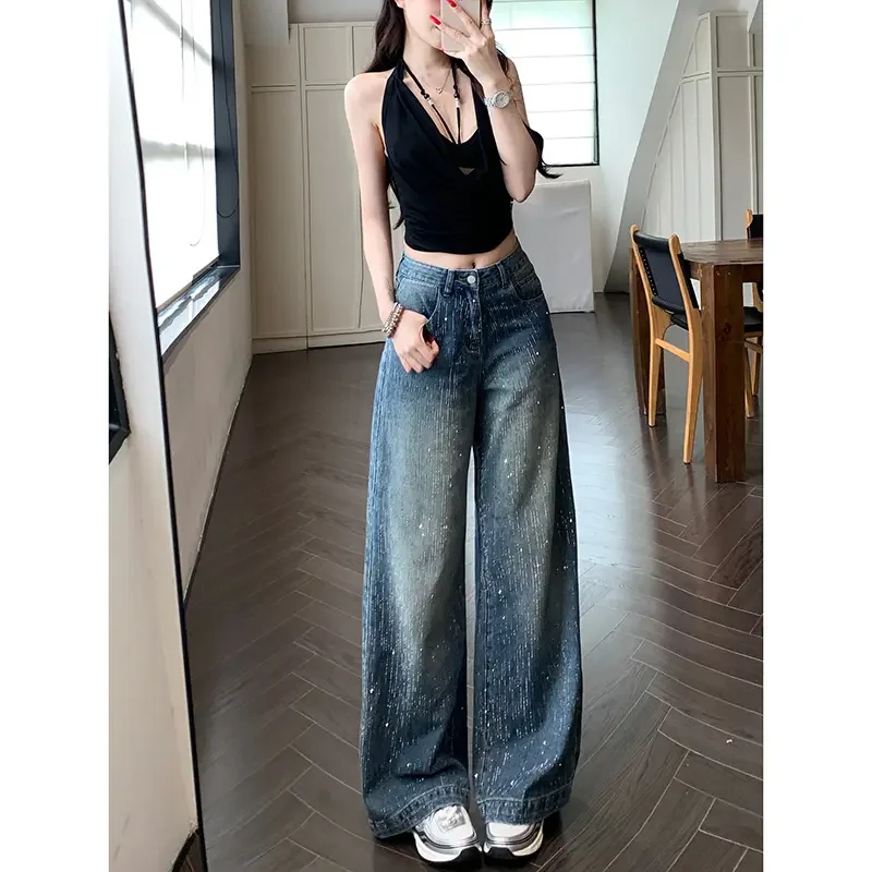 여성용 봄 가을 라인스톤 와이드 레그 진 하이웨이스트 배기 데님 바지 헤비 듀티 반짝이는 Y2K 팬츠