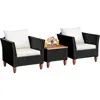 Patio Furniture Set, Patiojoy Outdoor Wicker Rattan Bistro Sofa Set w/Washable Cushion, Acacia Wood Top Coffee Table 1