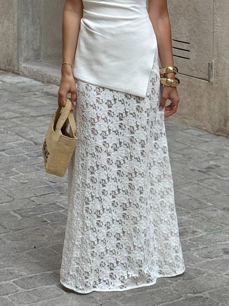 Bornladies Women's Chic Streetwear White Jacquard Skirts Ankle Length Lace Midi Skirt Stylish Daily Skirt Women's Clothing