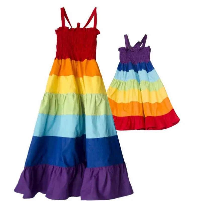 

kids Girl Women Dress Mom Daughter Fashion Rainbow Sleeveless Dress Family Matching Outfits Summer Monther Child Casual Dress