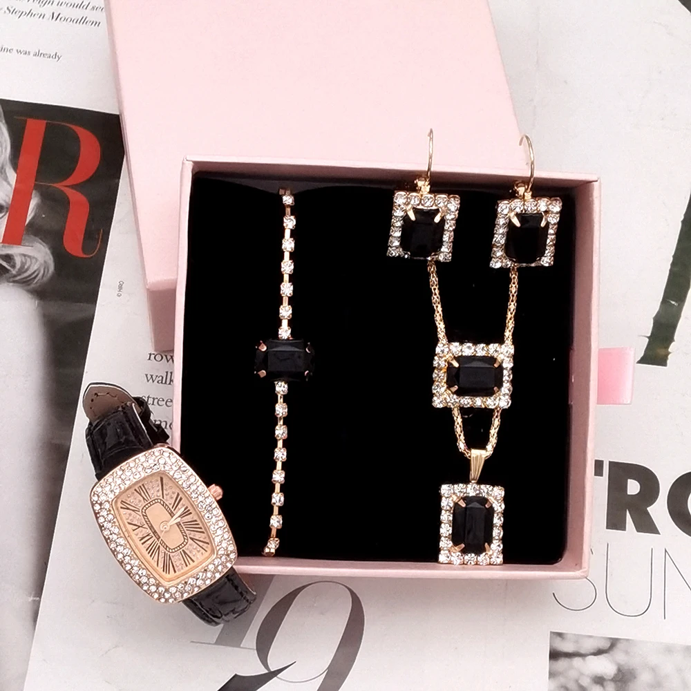 5Pcs Fashion Luxury Full diamond Pigeon Egg Diamond Lady quartz belt Watch clock vintage Elegant Montre Femme Jewelry Set + Box