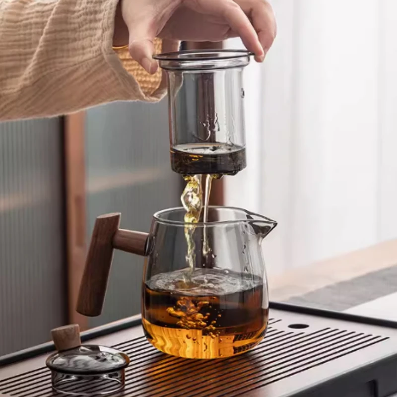 Glass teapot, wooden handle, Chinese tea ceremony, transparent tea set, cup filter, high borosilicate Japanese pot