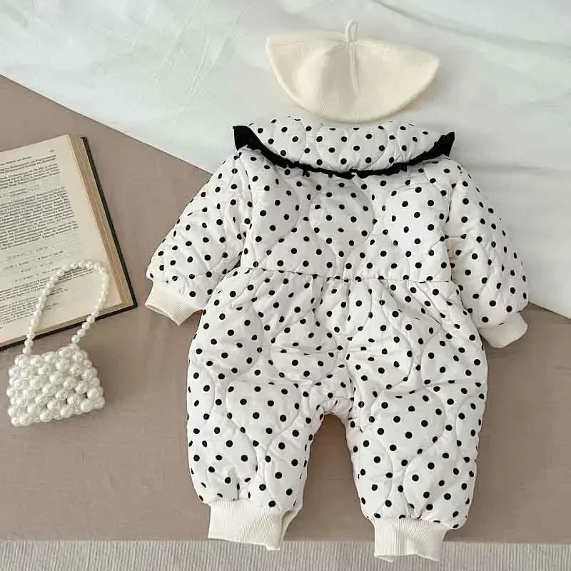 

2023 Winter Baby Romper 0-3Years Newborn Princess Long Sleeve Peter Pan Collar Dot Fleece Thicken Warm Jumpsuit Outwear Clothes