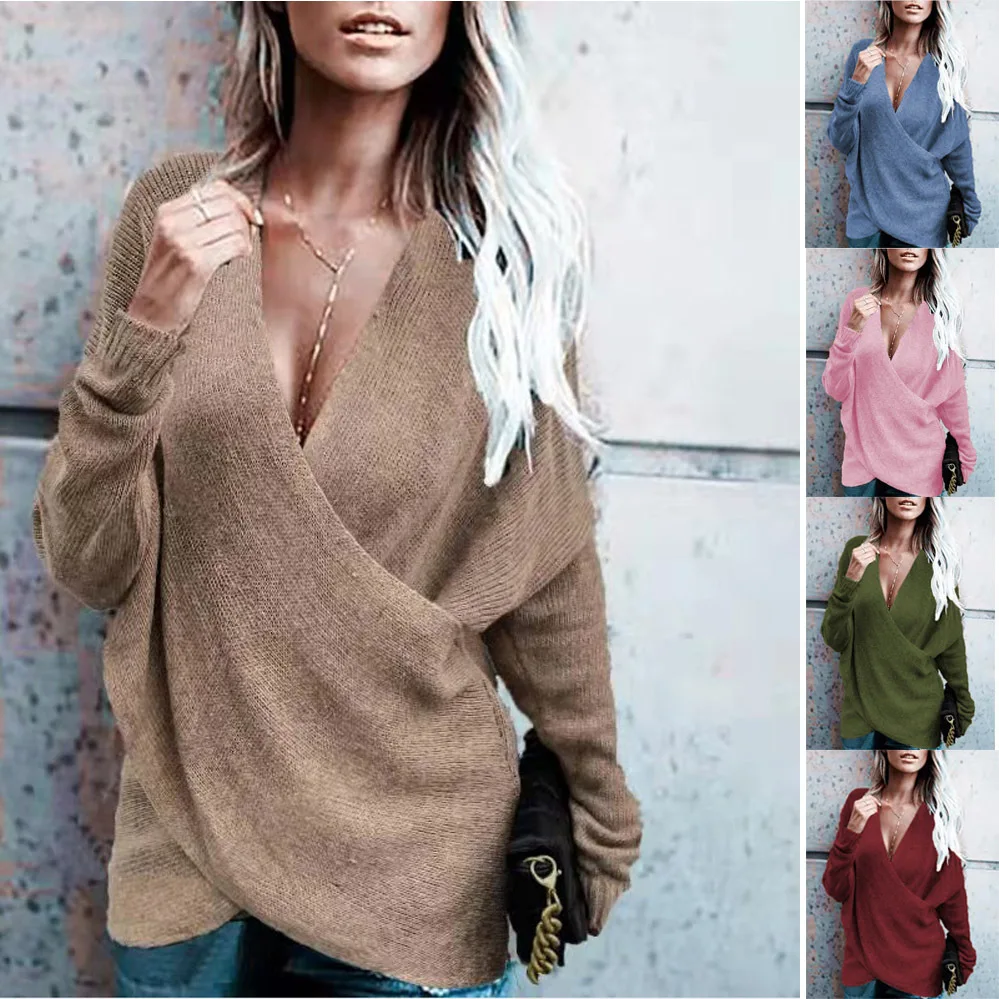 

New Women's Autumn Winter Cross Solid Loose Knitted Sweater Fashion Casual V-Neck Sexy Long Sleeve Tops Female and Lady Clothing