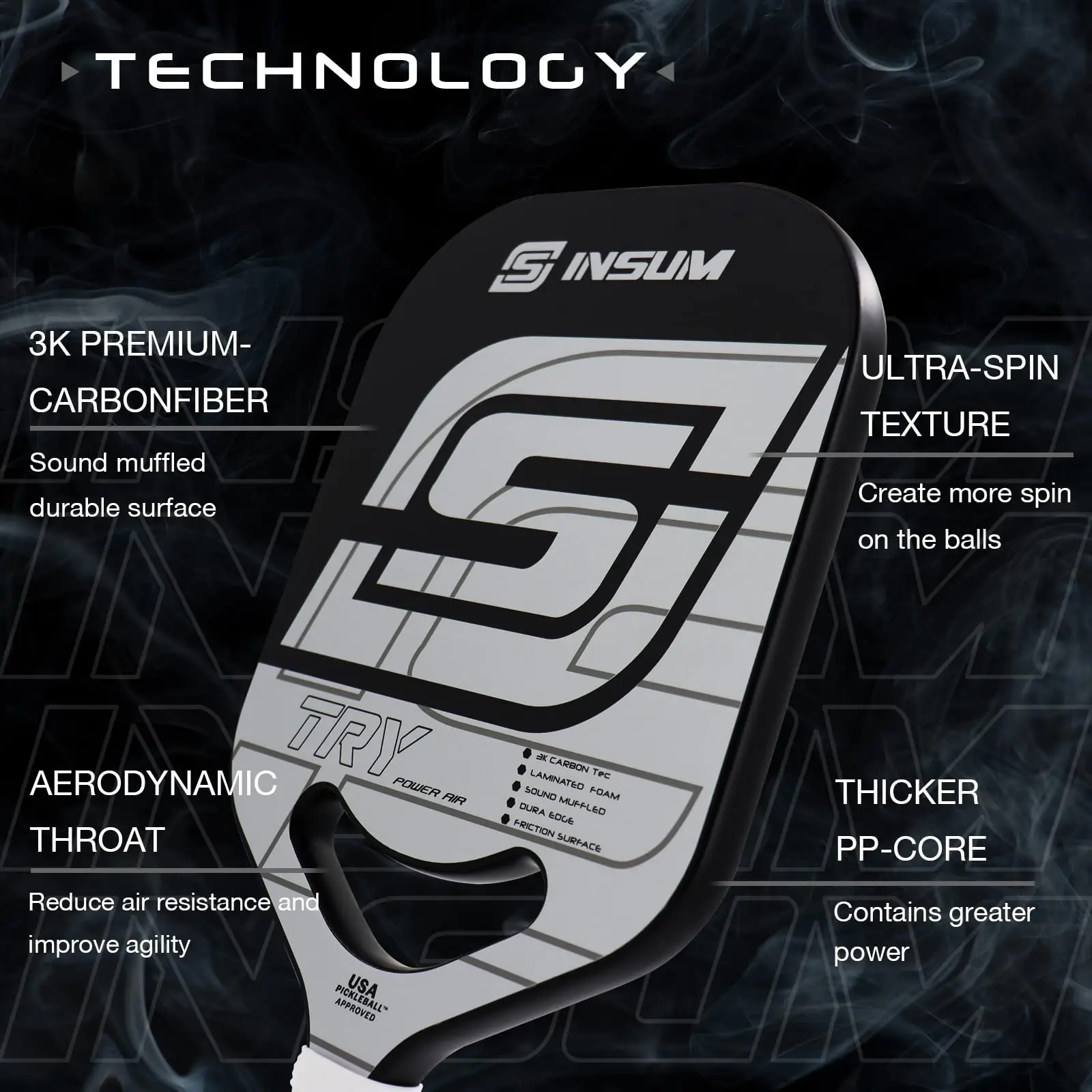 INSUM Try Pickleball Paddle, 3K Carbon Fiber, Edgeless Power, Air Series, Textured Surface, Pickleball Paddles