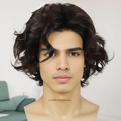 Dark Brown Wigs for Men Synthetic Hair Curly Wig with Side Bangs Short Male Wig Cosplay Carnival Party Costume Wig Casual Style