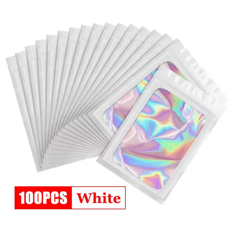 100Pcs Holographic Ziplock Bags Plastic Laser Iridescent Zip Bags for Manicure Eyelash Display Earrings Ring Jewelry Storage Bag