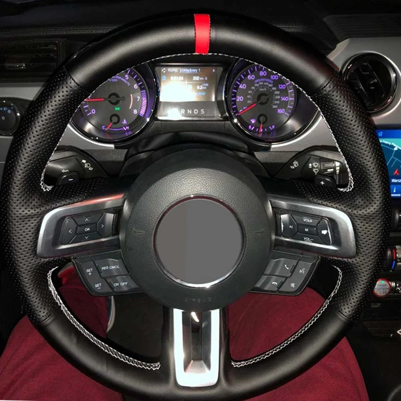

Car Steering Wheel Cover For Ford Mustang Mustang GT 2015-2020 Black Leather Suede Hand-Stitched Non-Slip Sports style
