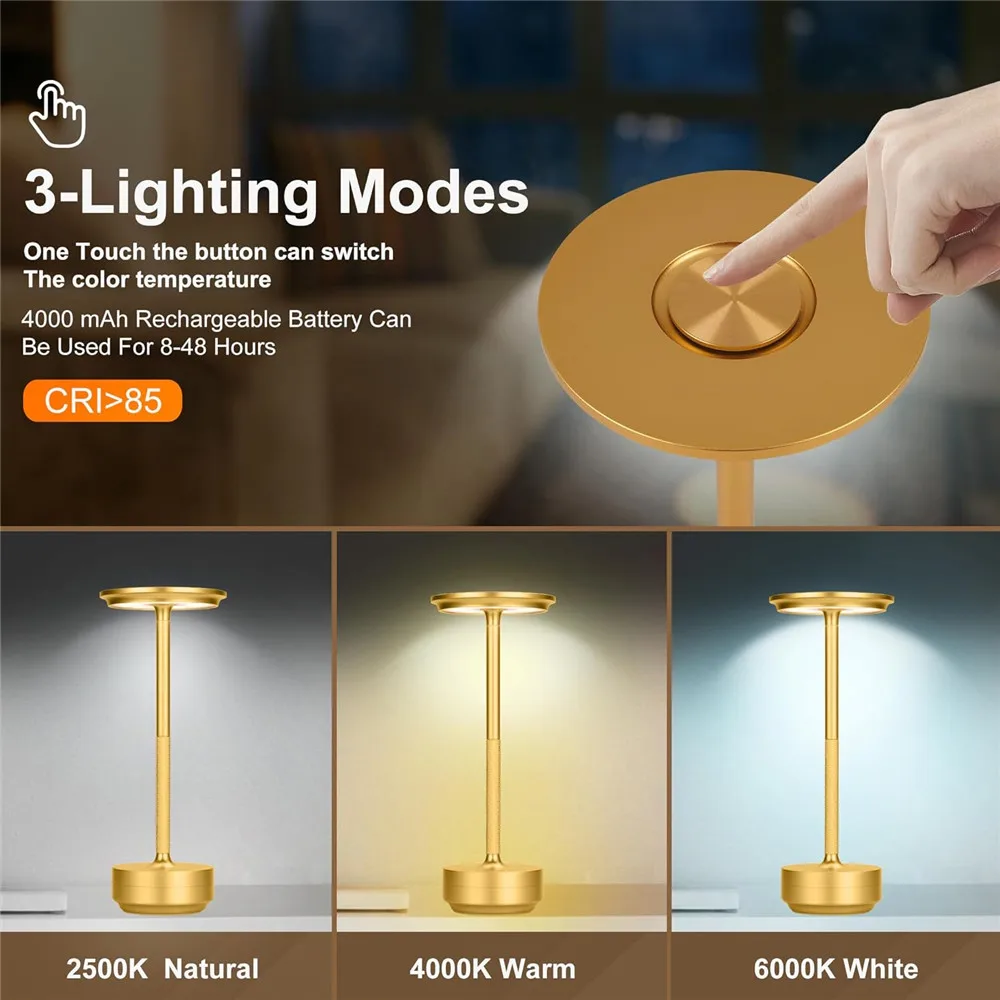 LED 알루미늄 합금 방수 충전식 책상 램프, 터치 디밍 금속 테이블 램프, 바 거실 독서 캠핑 조명