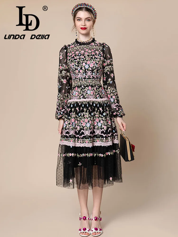 

LD LINDA DELLA 2024 Summer luxury designer party Dresses Women's Round Neck Hand Embroidery Splice Lace Streak Dress