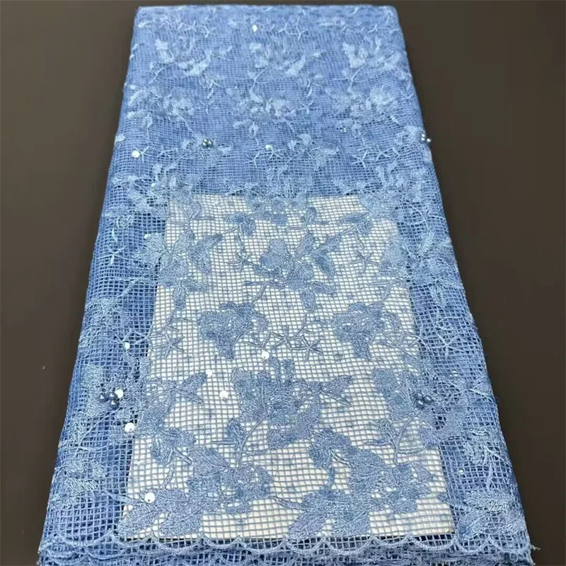 

Blue Latest African Sequins Net Lace Fabric Hight Quality Nigerian Tulle Beads Lace Fabric French For Women Party Dresses Sew