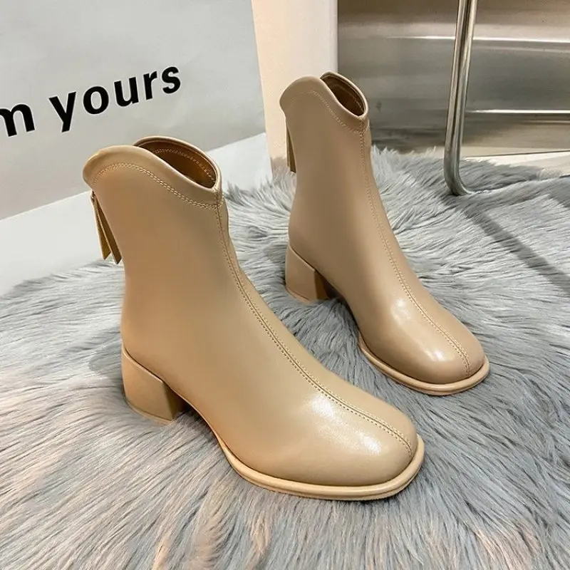 Autumn Women's Short Leather Boots High Heels Spring Woman White Shoes Pointed Thick Heel Women Dress Short Ankle Boot Plus Size