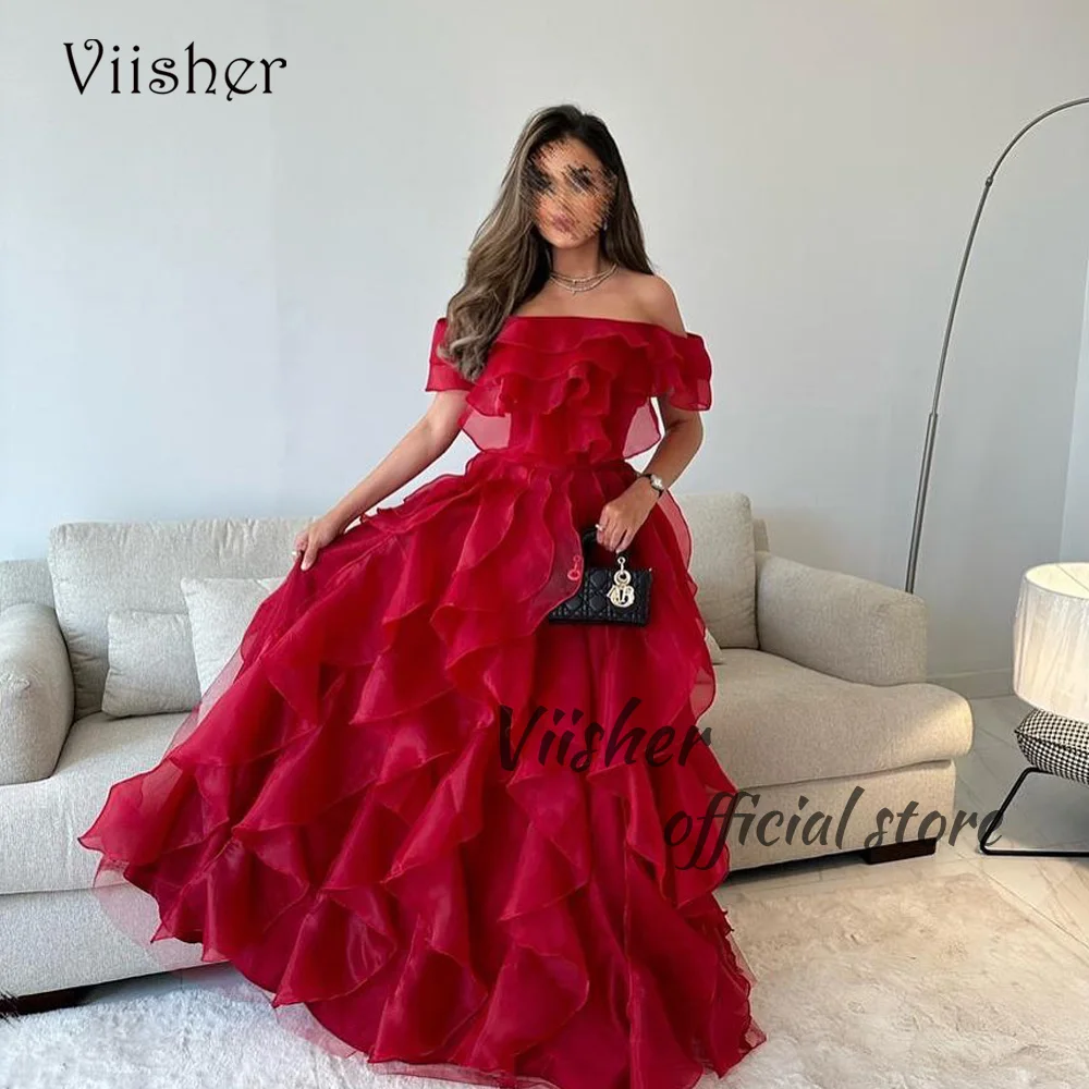 

Viisher Red Organza Off Shoulder Evening Dresses Tiered A Line Arabic Dubai Prom Party Dress with Train Formal Prom Gowns