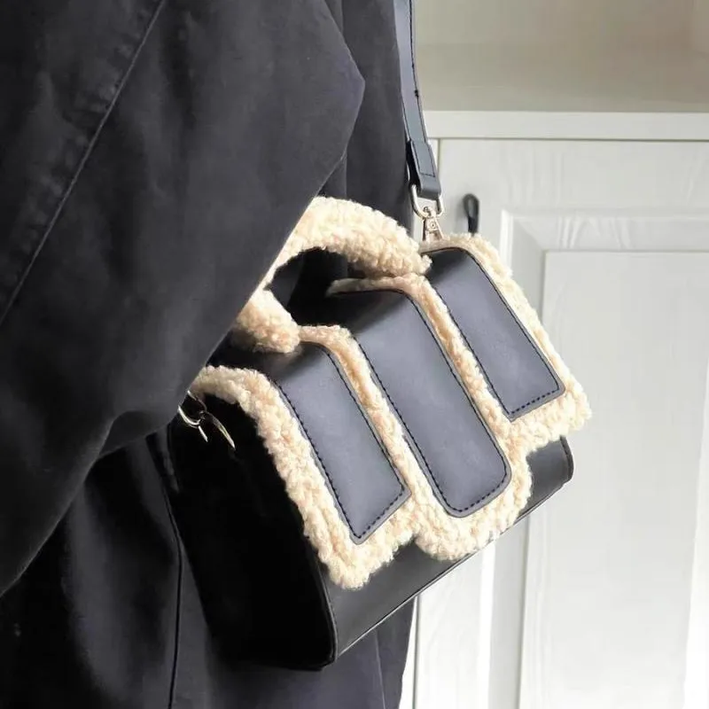 JIAERDI Black Shearling Handbag Women Minimalist Panel Leather Square Shoulder Bag Ladies Sweet Chic Versatile Crossbody Bag New