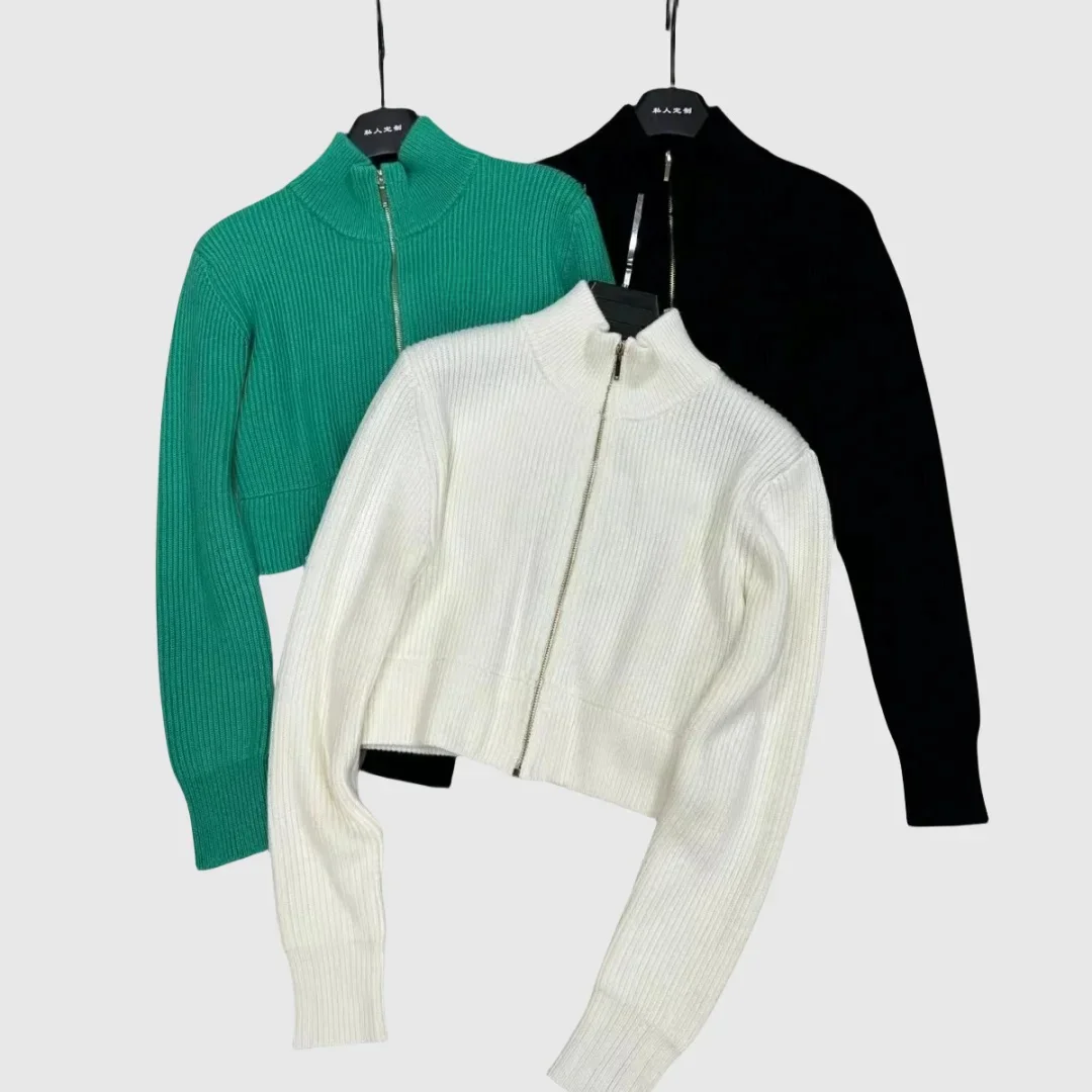 

2024 Early Spring New Fashionable Style Standing Neck Knitted Zipper Cardigan