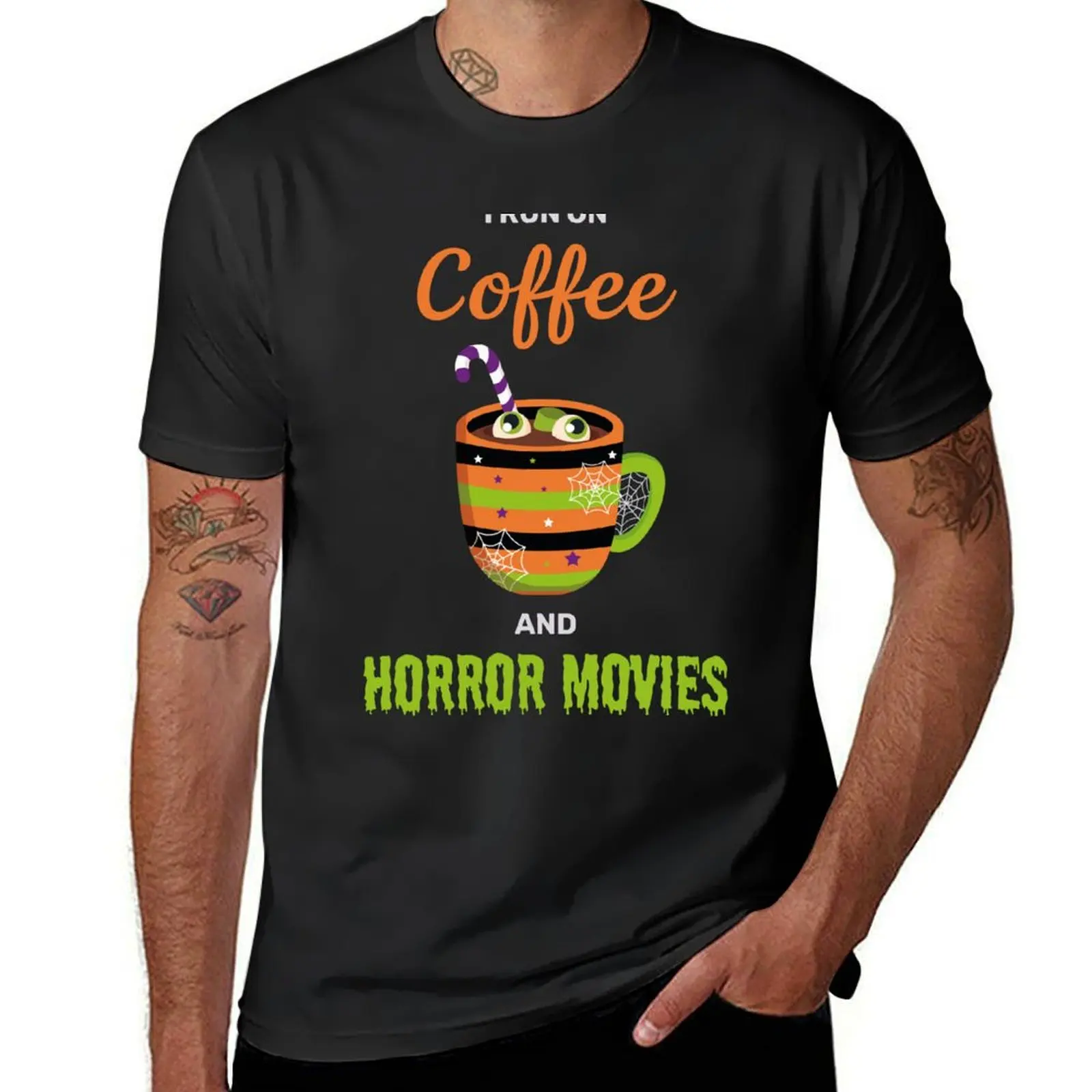 

I run on coffee and horror movies funny creepy halloween cute T-shirt summer tops cute clothes men t shirt