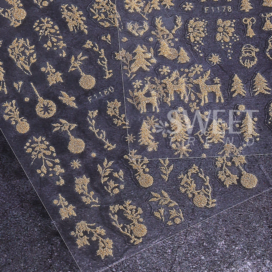 5pcs Glitter Christmas Nail Stickers Gold Silver Elk Snowflake Xmas Tree Self-adhesive Nail Decal DIY Manicure Decoration Slider