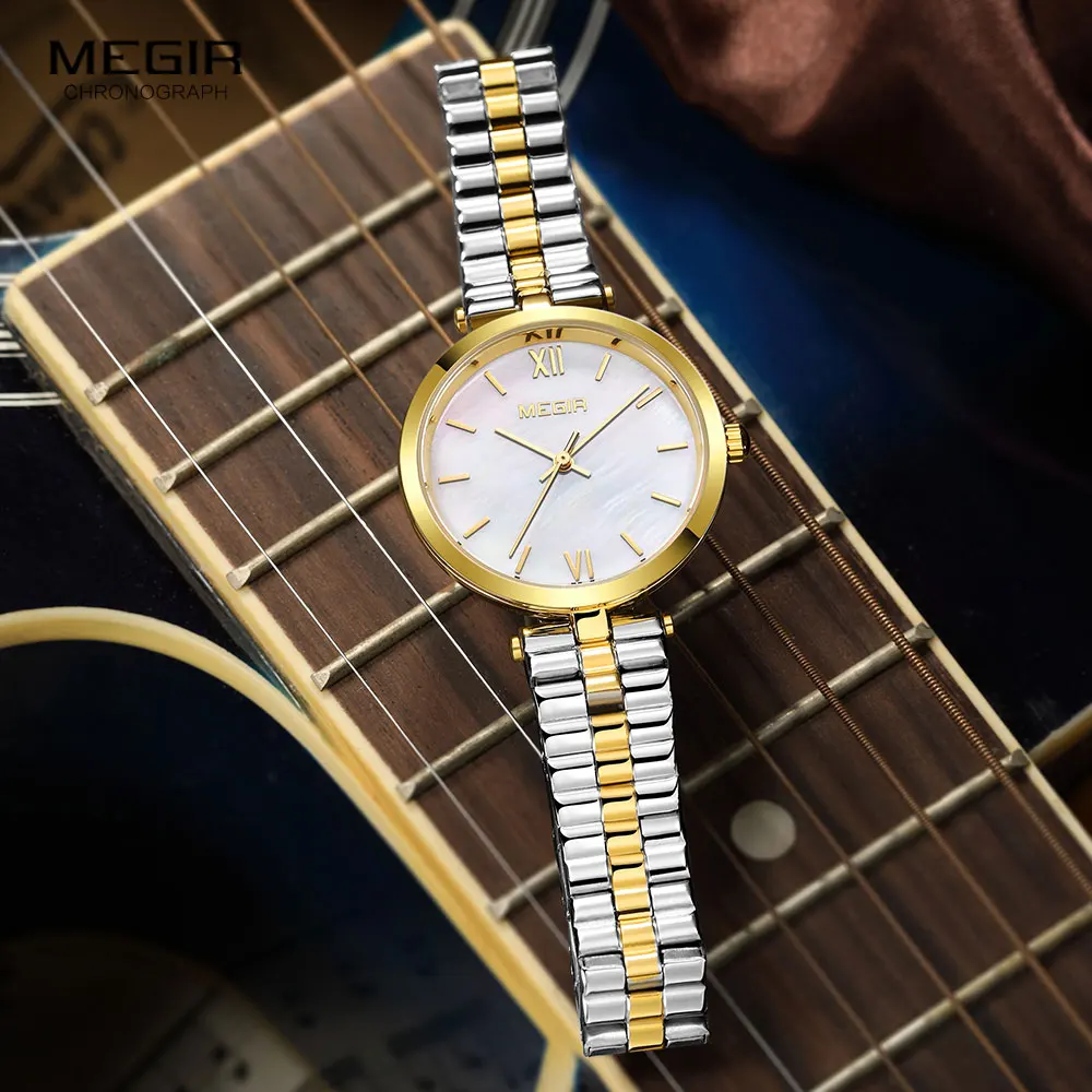 MEGIR Quartz Watch for Women Fashion Simple Analog Vintage Wristwatch with Stainless Steel Band 3atm Waterproof Lady Silver Gold