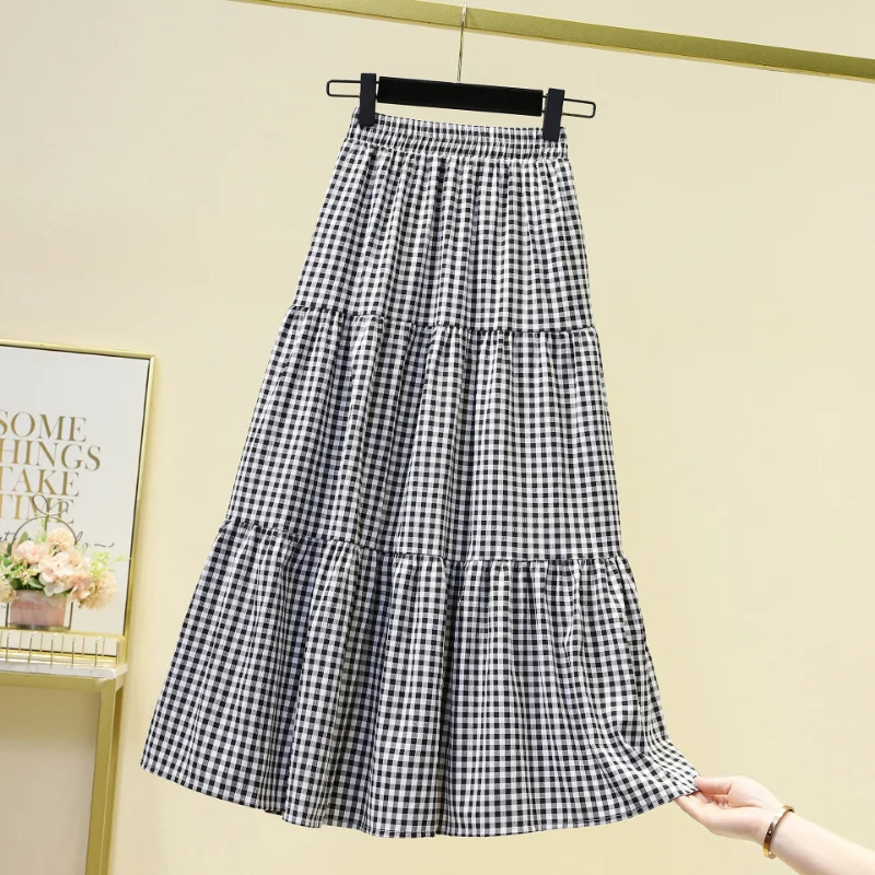 

Retro Contrast Color Black White Plaid Chiffon Skirt for Women Spring Summer High Waist Plaid Patchwork A- line Long Skirt Woman