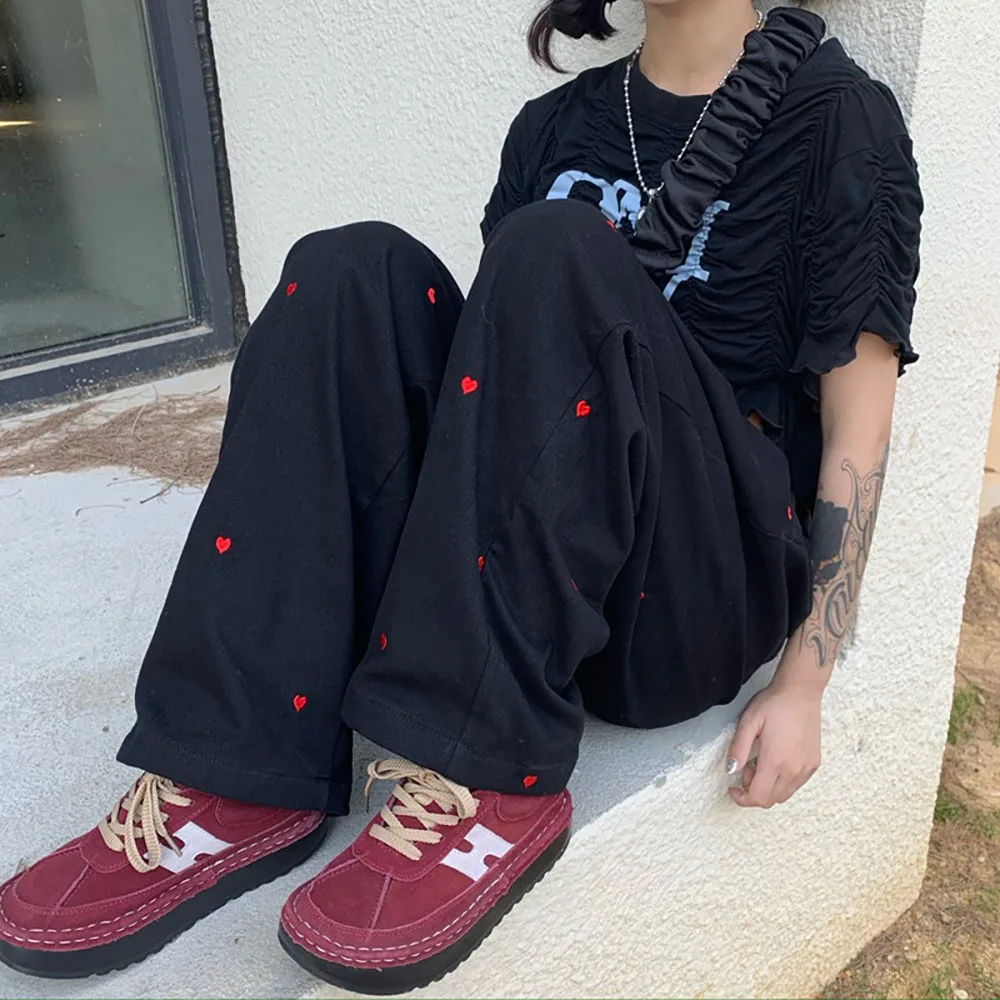 

Women Fashion Vintage Casual Cute Wide Leg Straight Baggy Pants Embroidered Trousers Female Harajuku Sweatpants Clothes