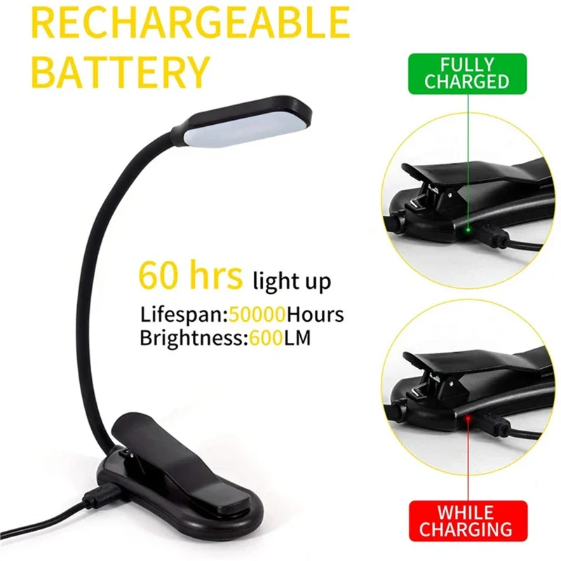 충전식 가전제품 책 램프, 7LED LED 조명, 침대 야간 독서등, 방 3 단계, 따뜻하고 차가운 흰색