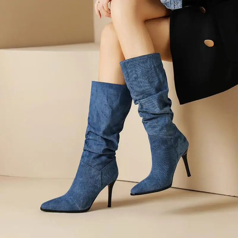 

2023 Autumn And Winter New Long Boots Women Denim High-heeled Sexy Blue Boots