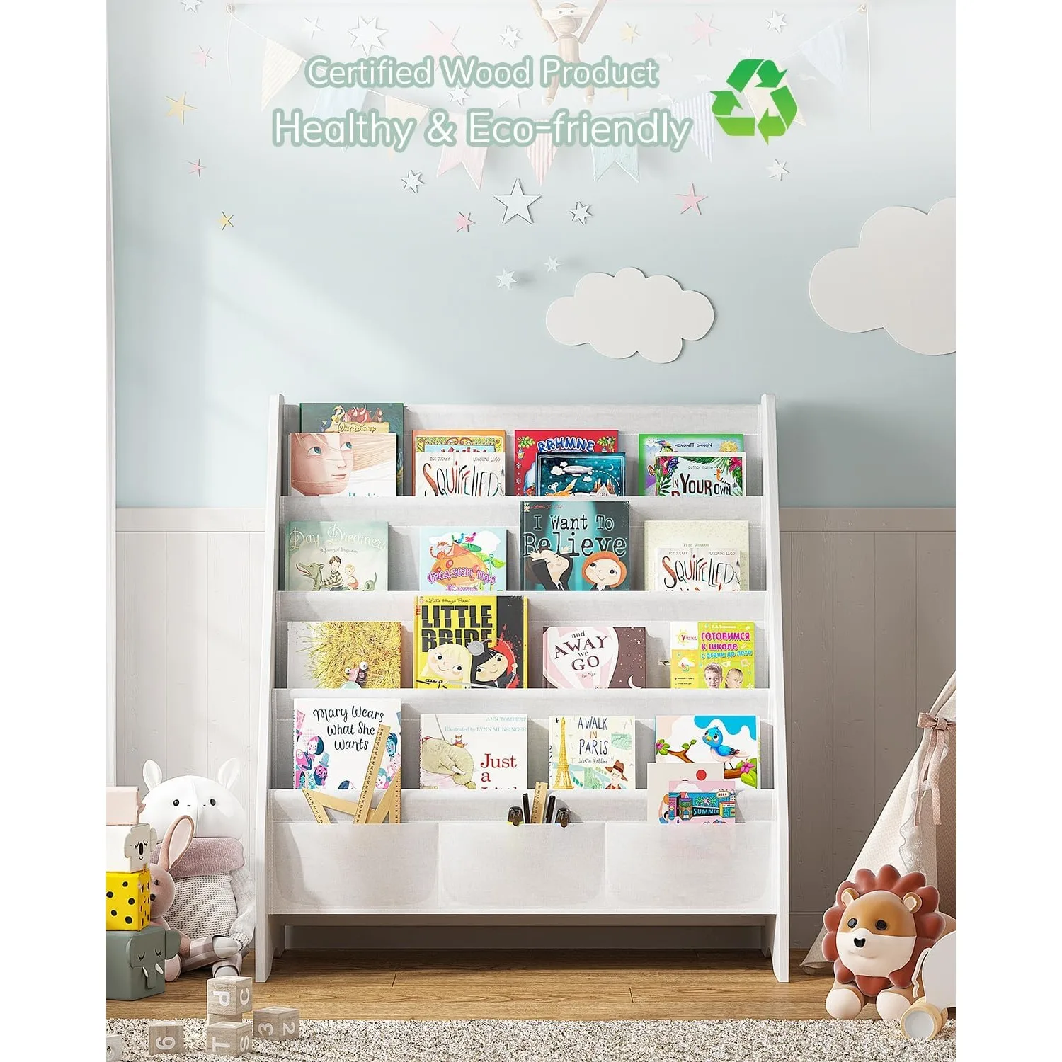 Sturdy Kids Bookshelf for Kids Room with Tear-Proof Oxford Sling, Ideal Height for Quick Book Access, White/Wood Texture 4