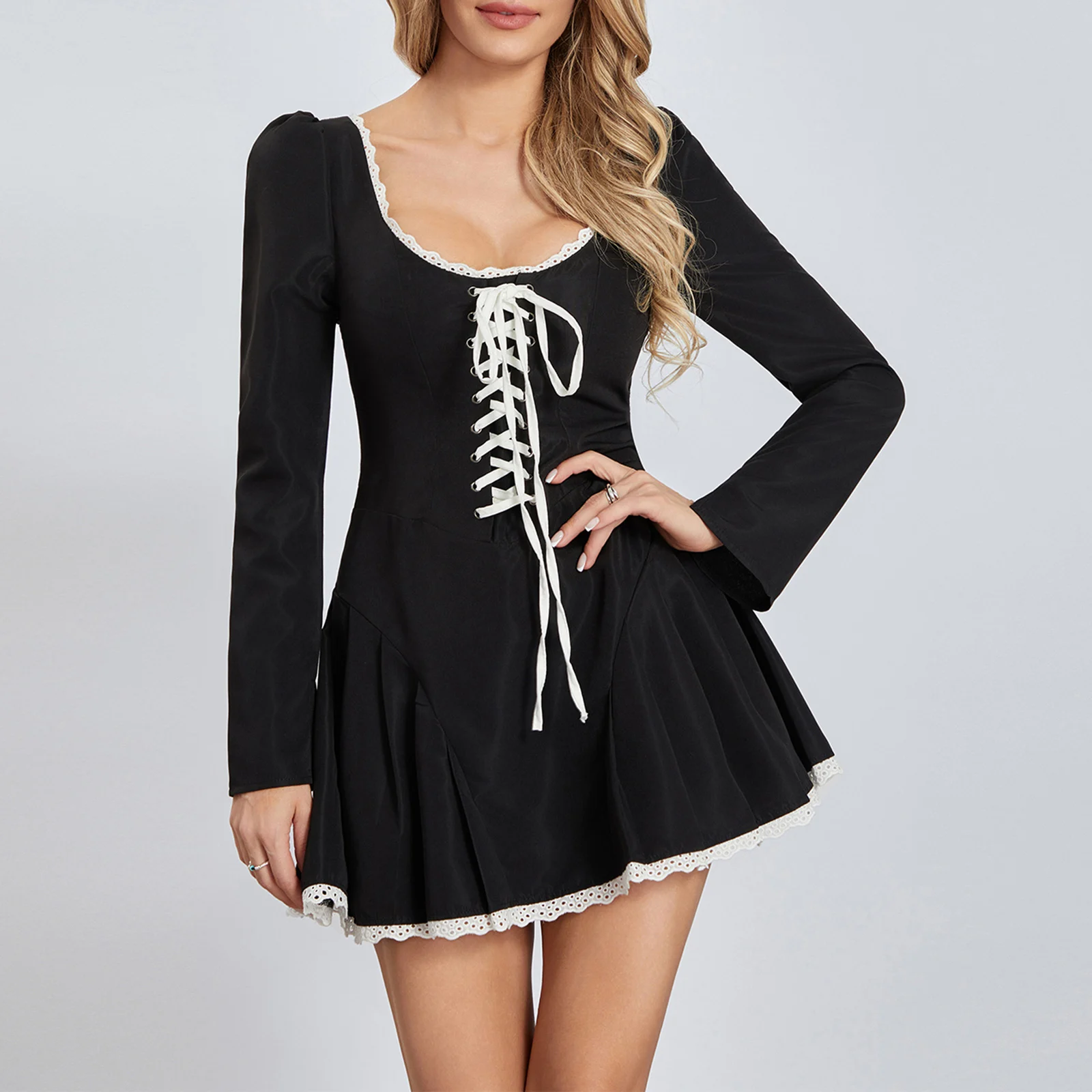 

Lace Up Mini Dress Women Elegant Ruffled Bandage Splice High Waist Dresses Femme Party Wedding Dress Long Sleeve Ladies