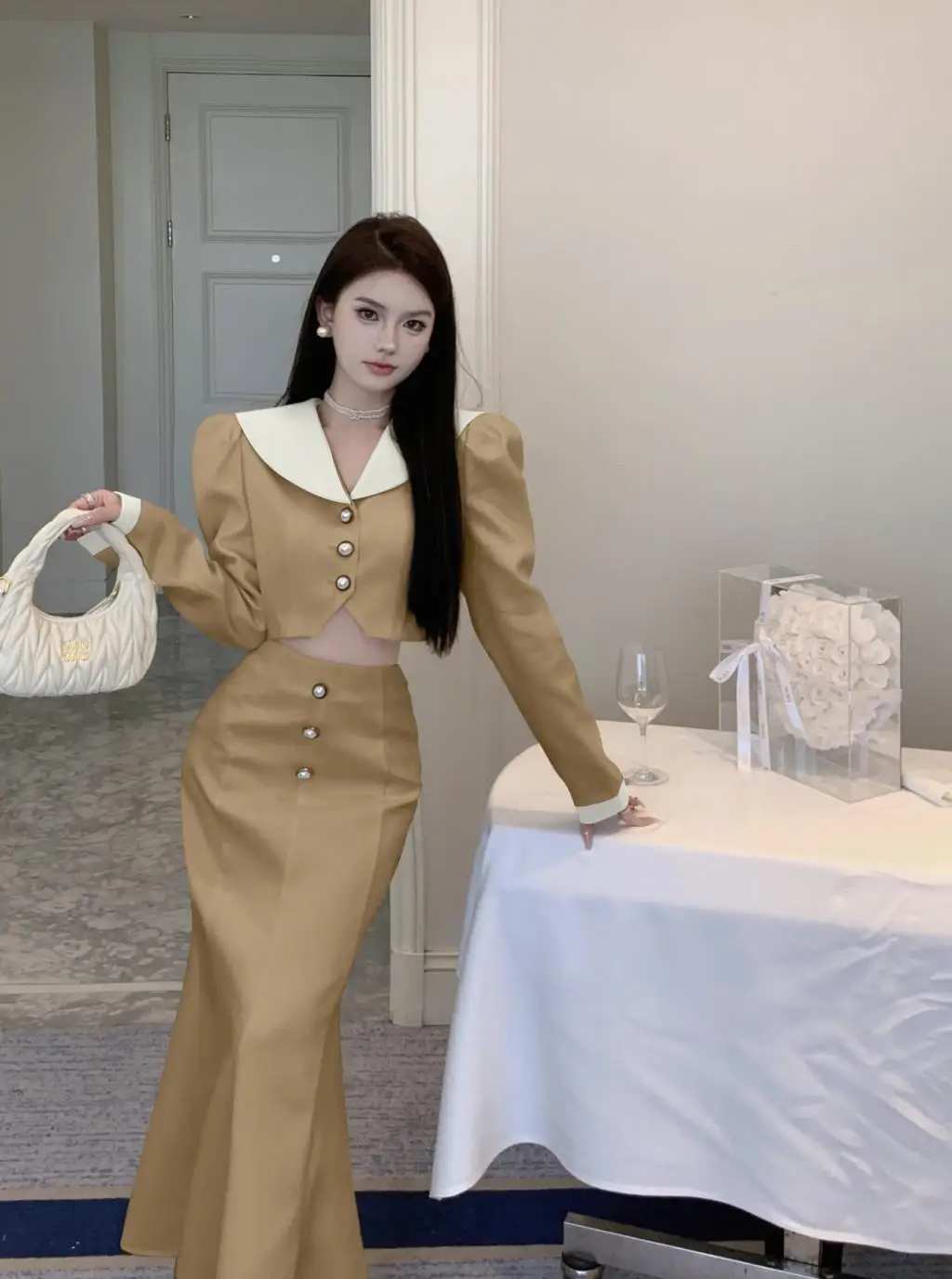 Elegant Two Piece Set Women Long Sleeves Short Coat + High Waist Mermaid Skirt Autumn Winter Solid Korean Style Patchwork Outfit