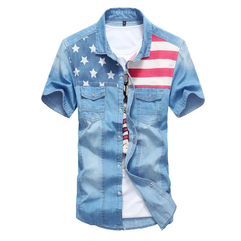 Summer Korean Men's Denim Short Sleeve Fashion Youth Slim Fit Ripped Denim Shirt Casual Thin Top