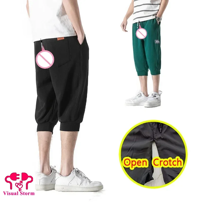 Man Casual Open Crotch Pants Sexy Hidden Zippers Fashion Korean Fashion Clubwear Crotchless Cropped Trousers Daily Beach Wear