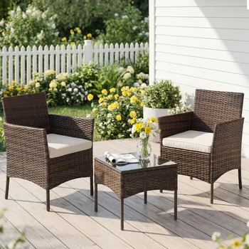 Garden Wicker Seating Set – 2 Chairs with Cushions & Coffee Table 1