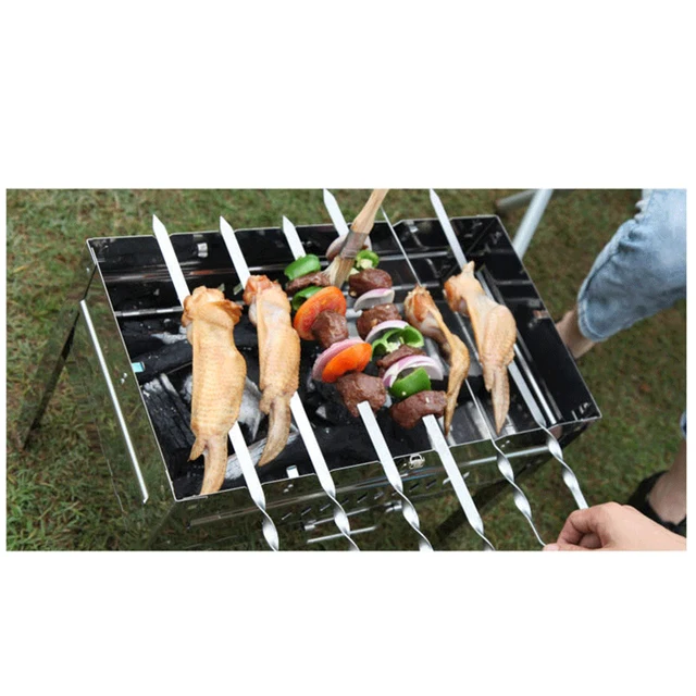 Bbq Nyárs Rozsdamentes Acél Shish Kebab Villa Hosszú Lapos Fa Fogantyú Grillezői Tűhúsos Szabadtéri Szerszámok 6Db - Image 3
