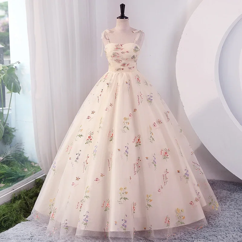 

Fashion Fresh Multicolor Floral Print Ceremonial Dress Sling Sleeveless A-line Ball Gown Vestidos Temperament Tiered Prom Robe