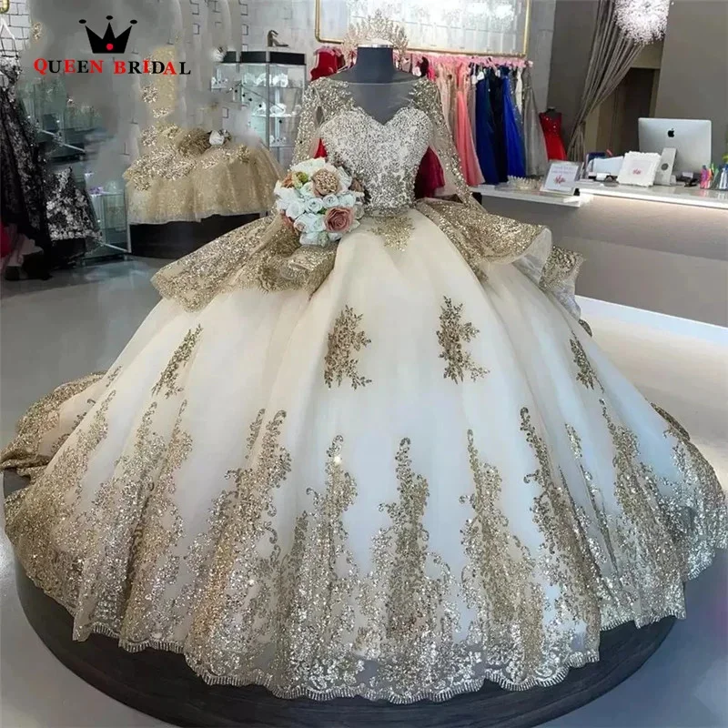 Gold Quinceanera Dress Lace Pearls Ball Gown vestidos para 15 vestido a&ntilde;os Glitter Long Sleeve Sequined Birthday Prom Gown V1F31