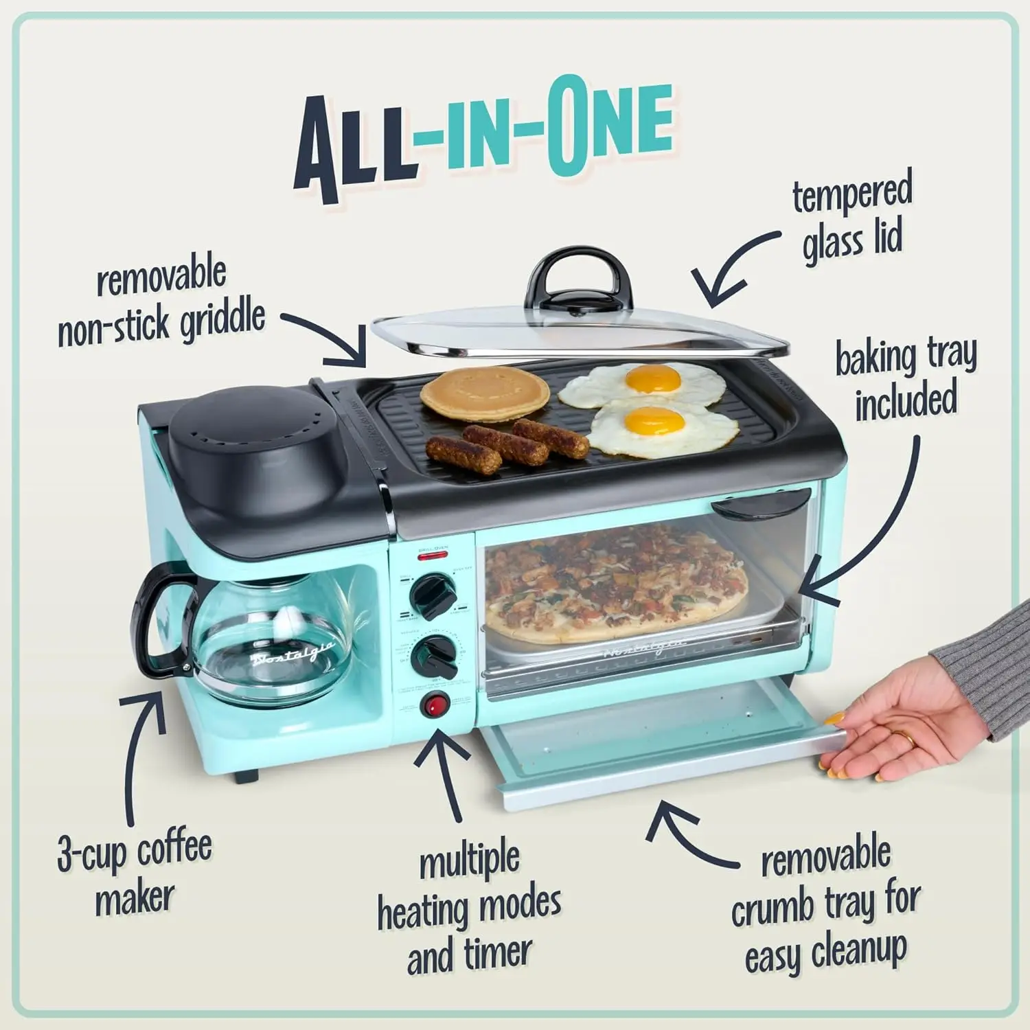 3-in-1 Breakfast Station-Includes Coffee Maker, Non-Stick Griddle, and 4-Slice Toaster Oven-Versatile Breakfast Ma