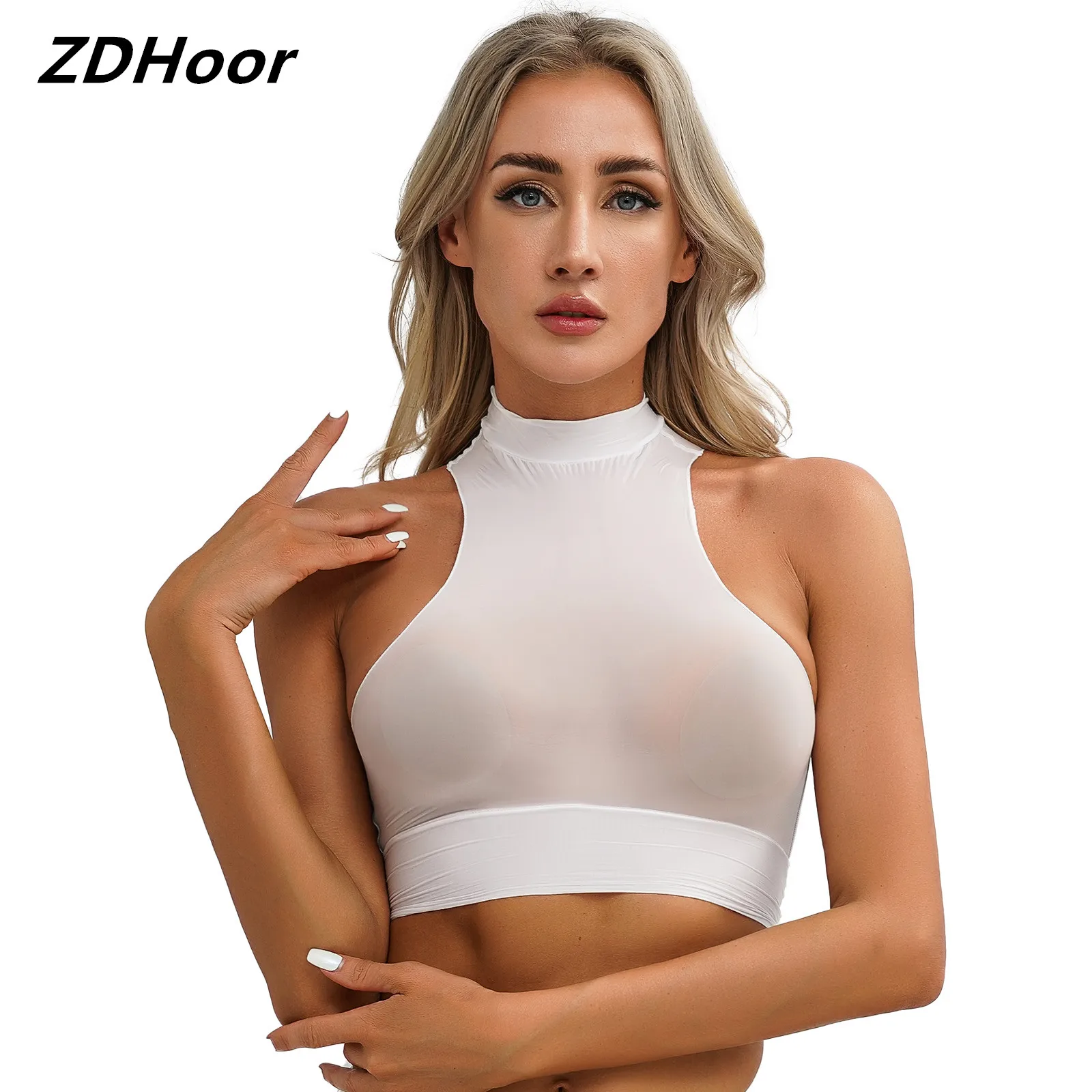 

Womens Sexy Vest Mock Neck Sleeveless Sheer Crop Top Glossy See-Through Slim Fit Vest Tops Pool Party Clubwear Nightwear