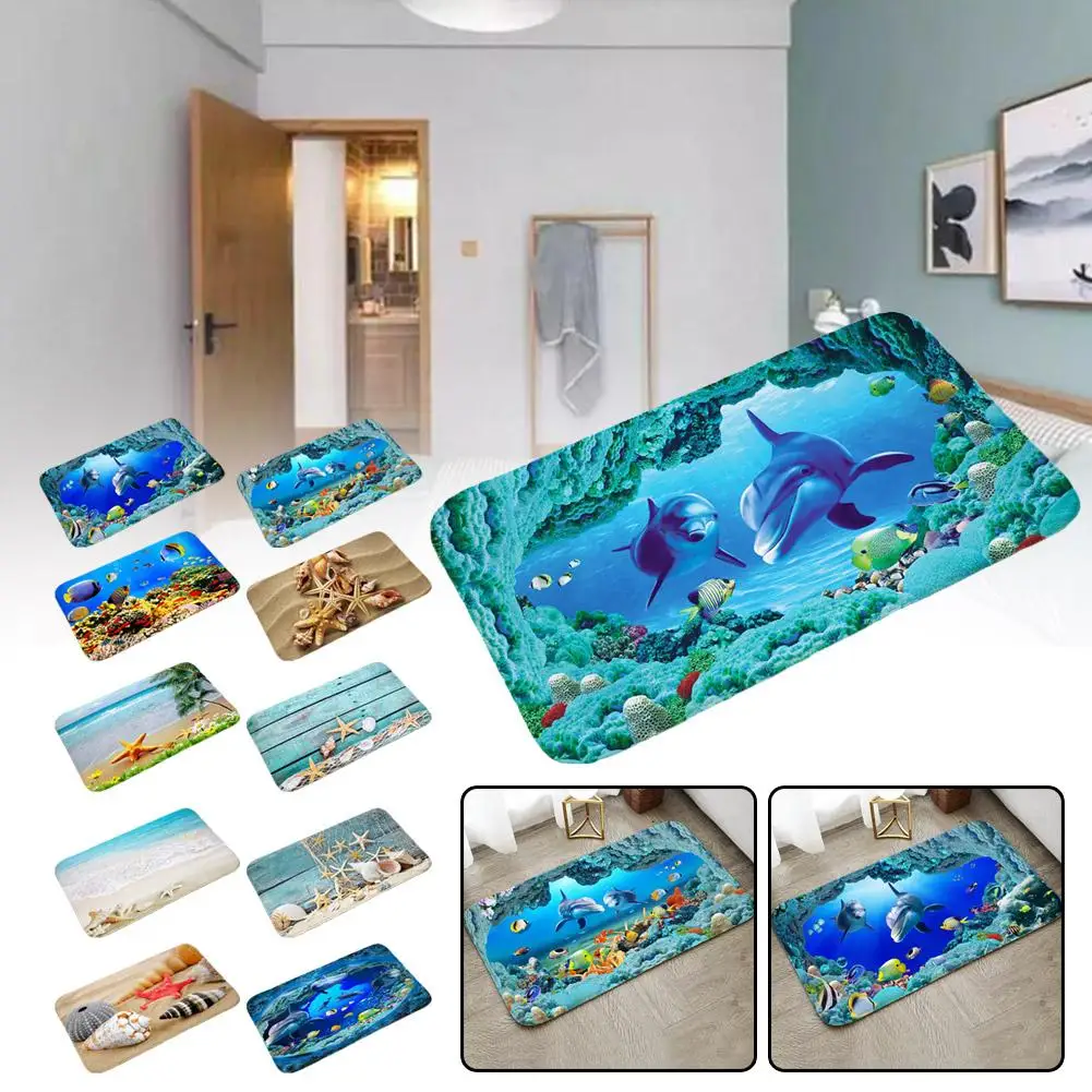 

60*40cm Underwater World Ocean Carpet Cute Dolphin Octopus Sea Turtle Pattern Anti-slip Floor Mat For Living Room Bathroom S4R8