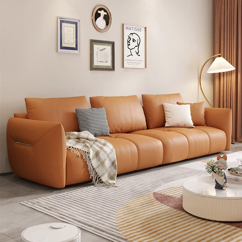 

Italian Style Luxury Leather Solid Wood Sofa Leather Art Simple Modern Living Room Straight Row Minimalist Combination Se