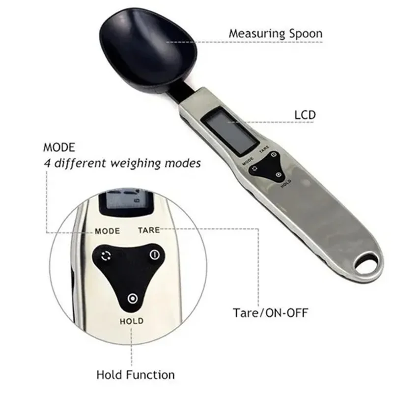 500g/0.1g Portable LCD Digital Electronic Spoon Weight Scale Measuring Food Weight Accuracy Stainless Steel Spoon Scales Kitchen