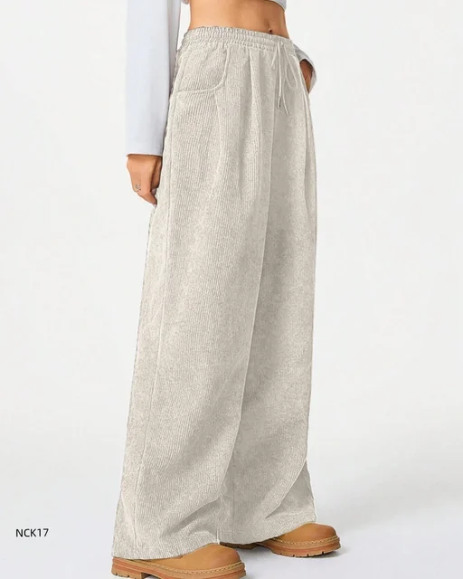 Ladies High Waist Soft Corduroy Pants Loose Wide-Leg Casual Trousers Elastic Waist Drawstring Women's Fashion