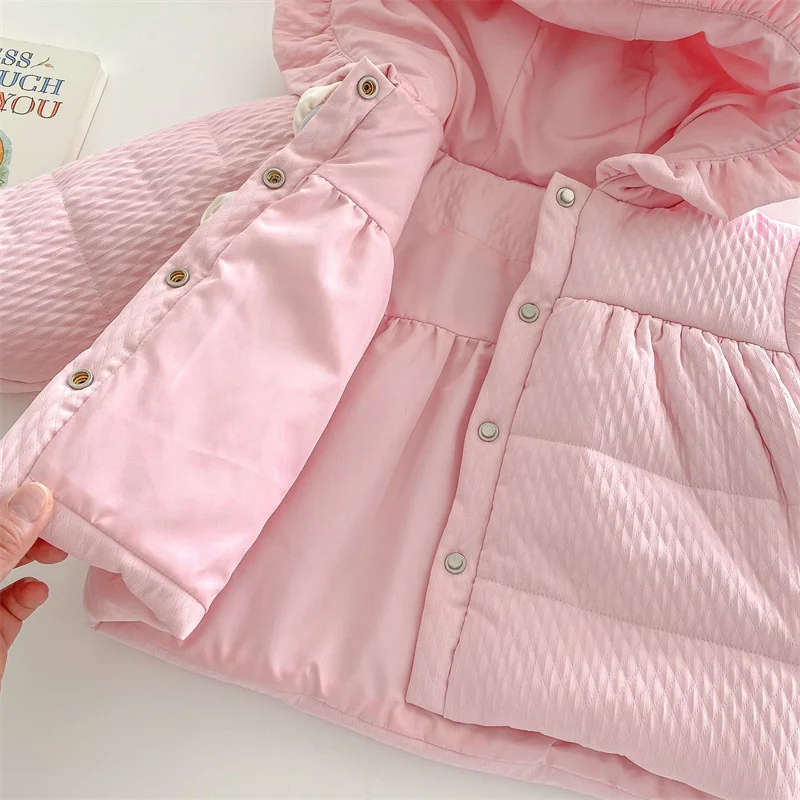 Children's Winter Coat Pink Bow New Hooded and Velvet Warm Thick Cotton Jacket Kids Outerwear Hoody for Girl