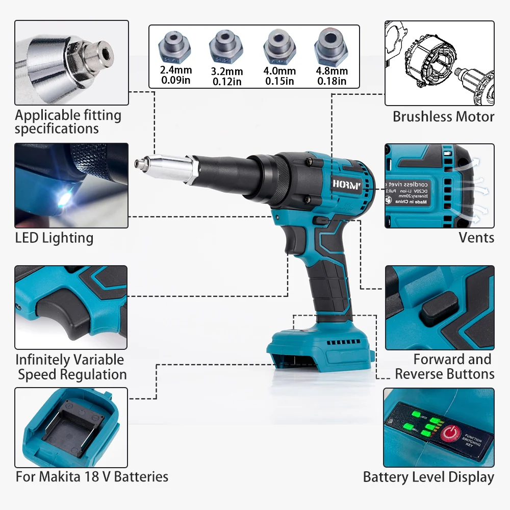 Rivet gun rivet nut tool rivet gun set Hormy electric rivet gun brushless wireless rivet nut gun cordless rechargeable auto riveting drill tool for Makita 18V battery