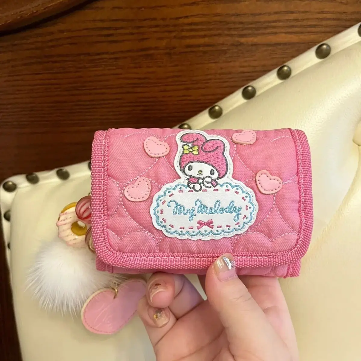 

Мультяшный розовый тройной складной кошелек My Melody Sanrio, сумка для карт и ключей, милый мини-кошелек с бантом для девочек и аниме, подарок для девушек
