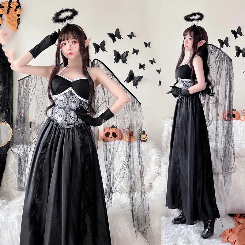 

Halloween Costume for Women 4 -Piece Gothic Angel Cosplay Dress Elf Witch Skull Vampire Palace Queen Vestidos Disfraz