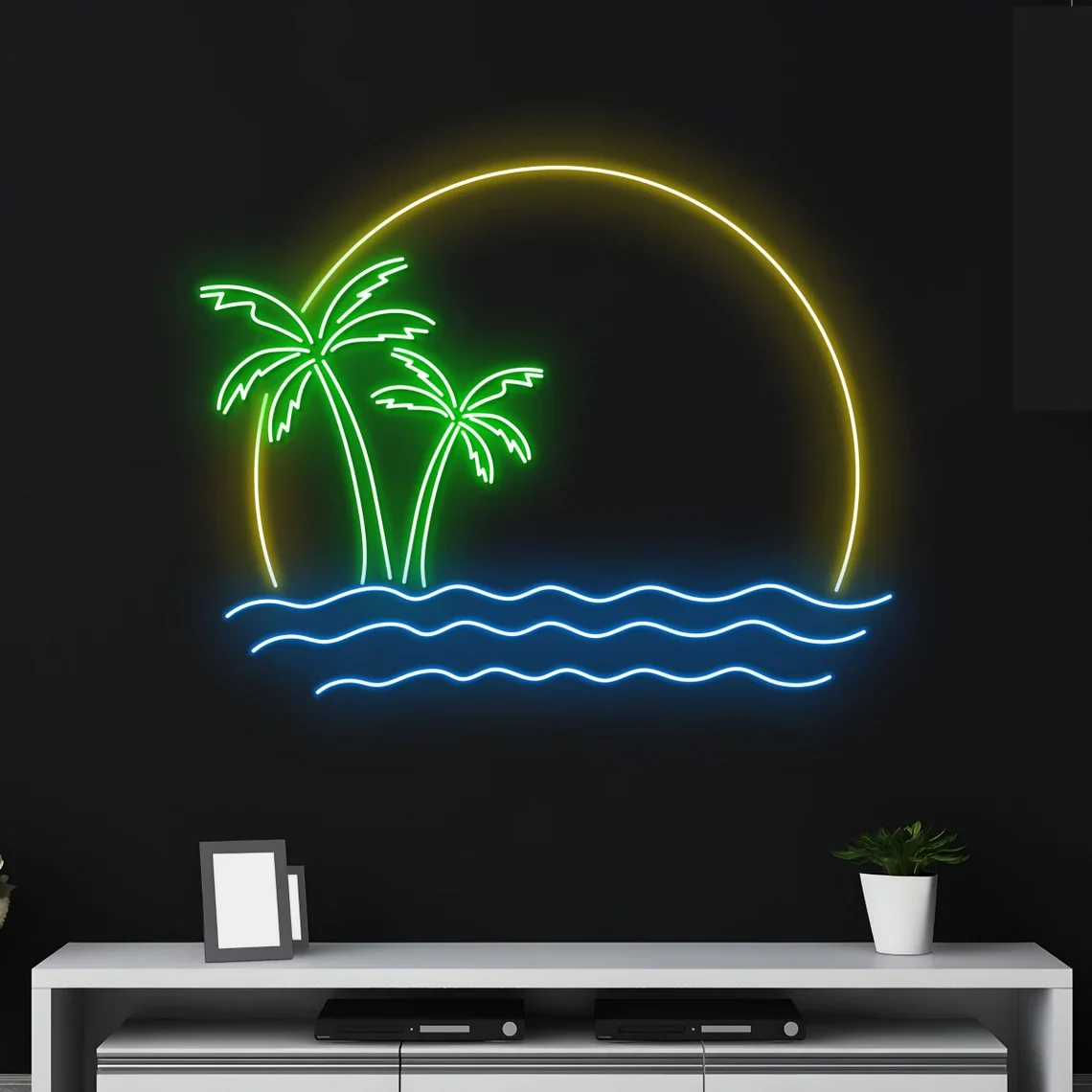 

Custom Sun Ocean Waves Palm Tree Neon Sign Beach Vacation Led Lights Teens Personalized Gift Wedding Wall Art Hanging Bar Beer