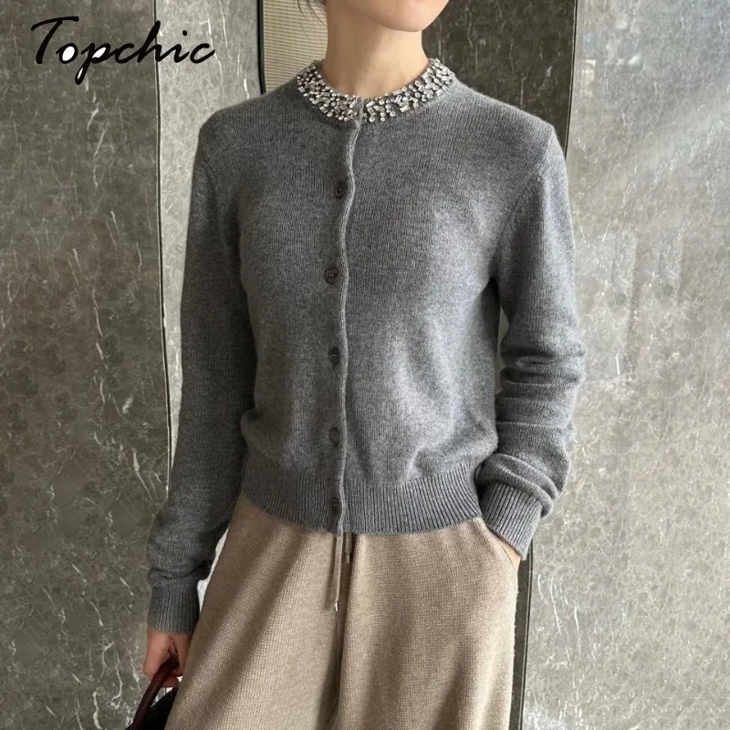 

Luxury Cashmere Sweater Women High Quality Elegant Beading Long Sleeve Top Mujer 2023 Autumn Knitted Cardigan Femme