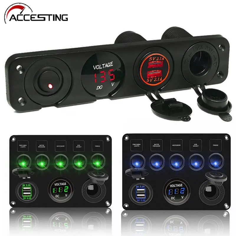 LED Rocker Switch Panel With Digital Voltmeter Dual USB Port 12V Outlet  Combination Waterproof Switches For Car Marine Boat