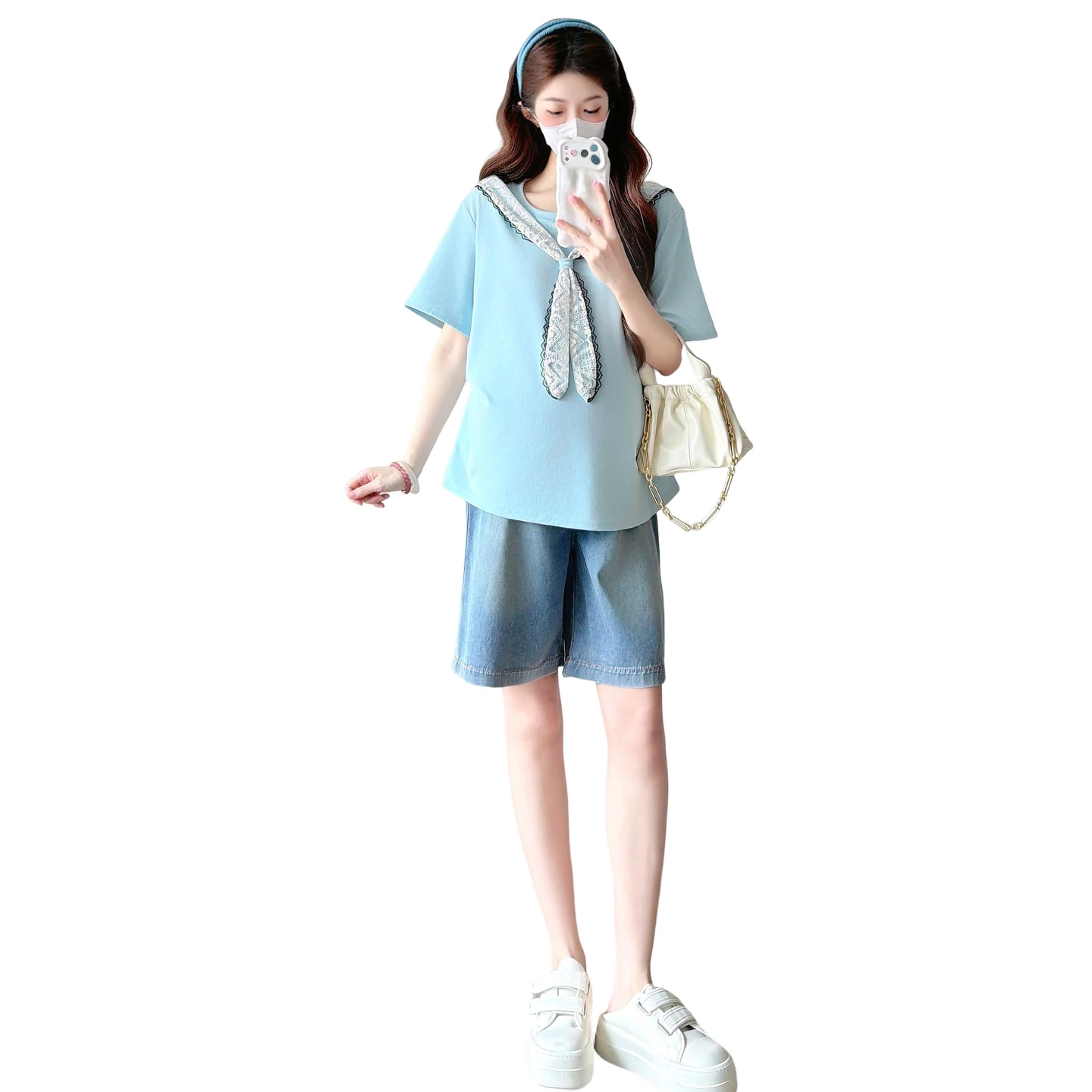 레이스 리본이 달린 여름 플러스 사이즈 출산 티셔츠 패션 오 넥 반팔 임산부 코튼 티셔츠 임신 루즈 탑